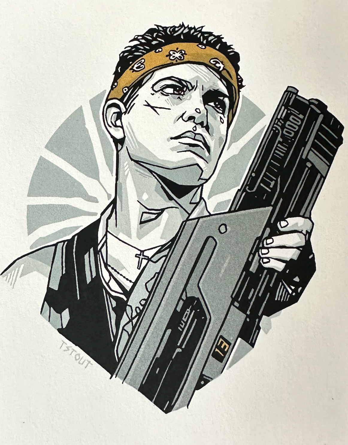 Tyler Stout – Pros and Cons Series IX Aliens Vasquez Gold Variant Handbill, 4 x 5 in, art print, image 3