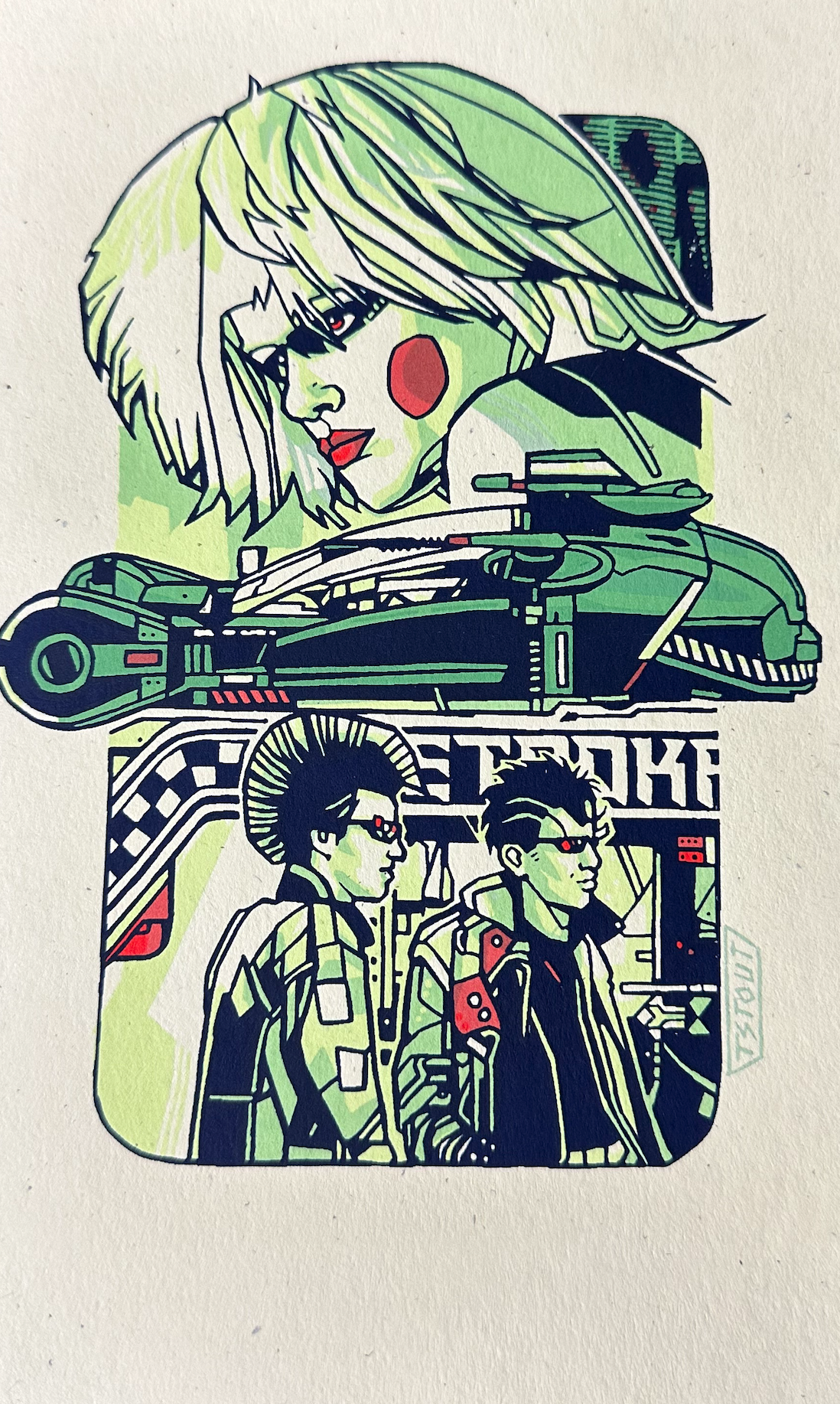 Tyler Stout – Pros and Cons Series VIII Blade Runner Pris Neon Green Varaint Handbill, 5 x 8 in, art print, image 4