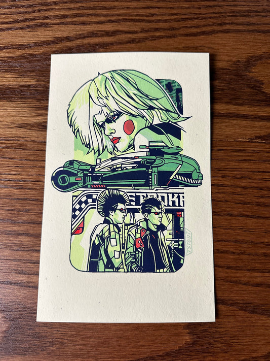 Tyler Stout – Pros and Cons Series VIII Blade Runner Pris Neon Green Varaint Handbill, 5 x 8 in, art print