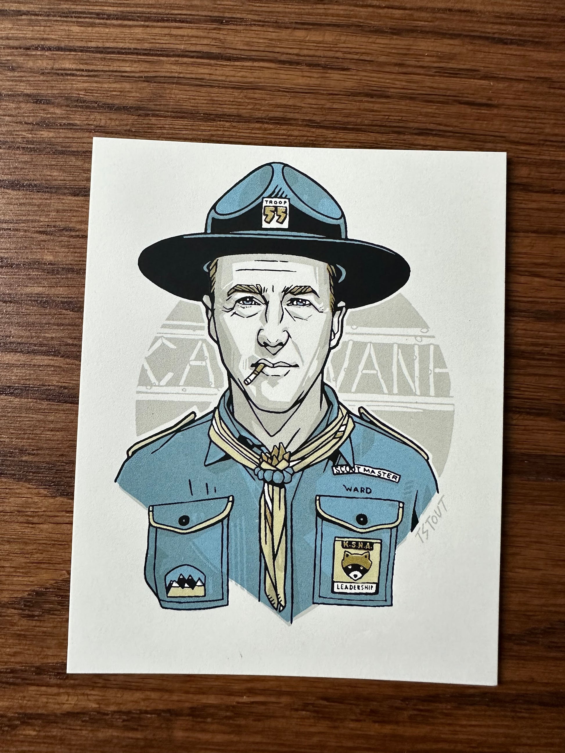 Tyler Stout – Pros and Cons Series XII Scout Master Ward Blue Handbill, 4 x 5 in, art print
