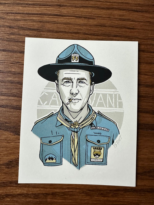 Tyler Stout – Pros and Cons Series XII Scout Master Ward Blue Handbill, 4 x 5 in, art print