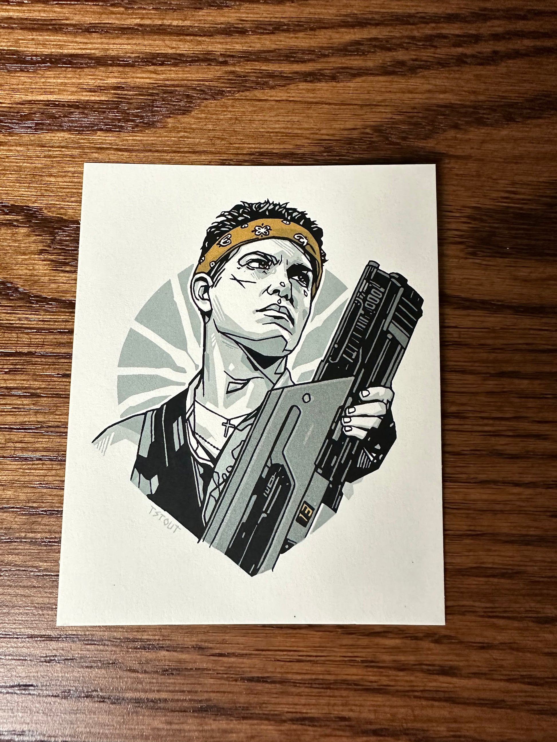 Tyler Stout – Pros and Cons Series IX Aliens Vasquez Gold Variant Handbill, 4 x 5 in, art print