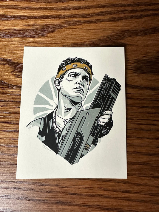 Tyler Stout – Pros and Cons Series IX Aliens Vasquez Gold Variant Handbill, 4 x 5 in, art print