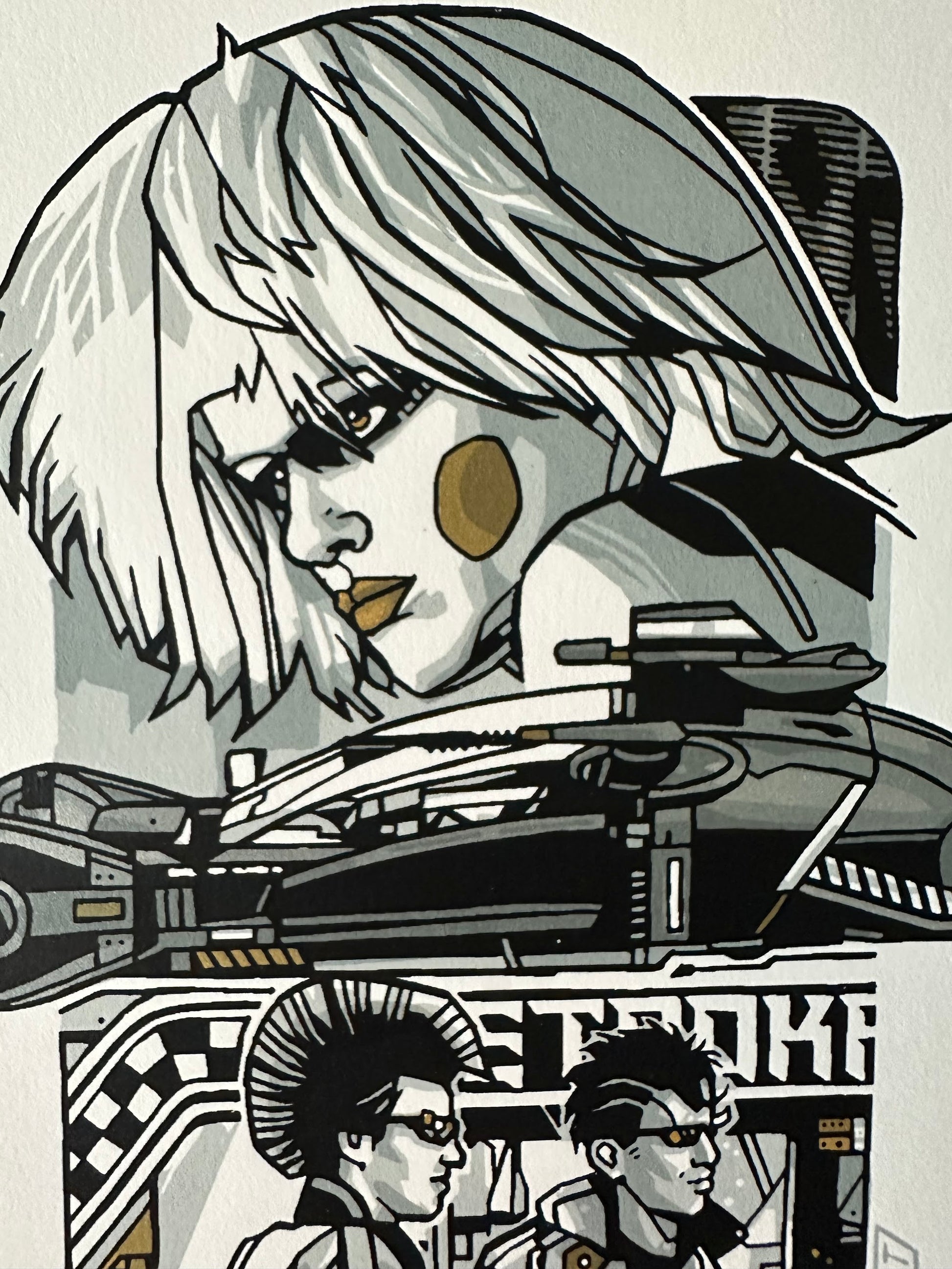 Tyler Stout - Pros and Cons Series VIII Blade Runner Pris Gold Handbill 5x8 art print - detail image 2