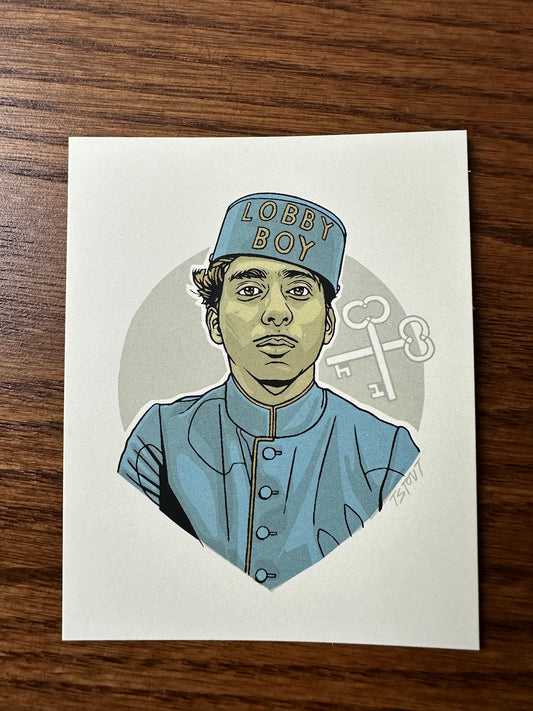 Tyler Stout – Pros and Cons Series XII Zero Moustafa Blue Handbill, 4 x 5 in, art print