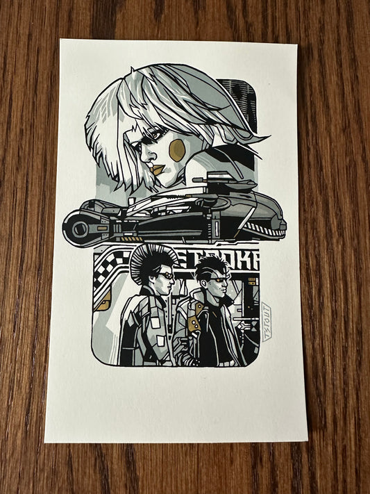 Tyler Stout - Pros and Cons Series VIII Blade Runner Pris Gold Handbill 5x8 art print