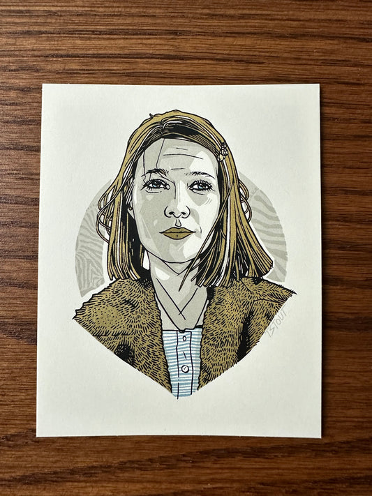Tyler Stout – Pros and Cons Series XII Margot Tenenbaum Gold Handbill, 4 x 5 in, art print