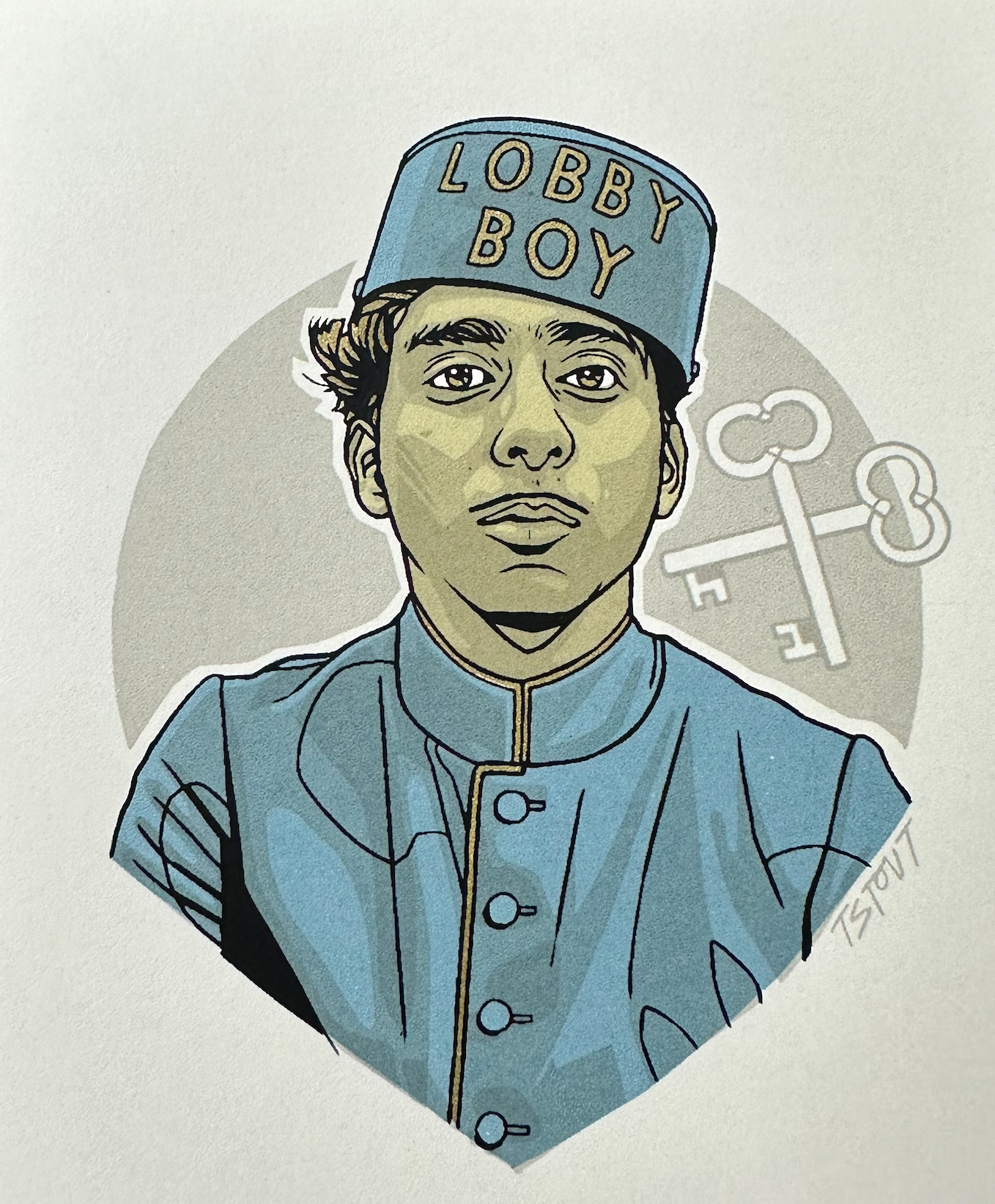 Tyler Stout – Pros and Cons Series XII Zero Moustafa Blue Handbill, 4 x 5 in, art print, image 3